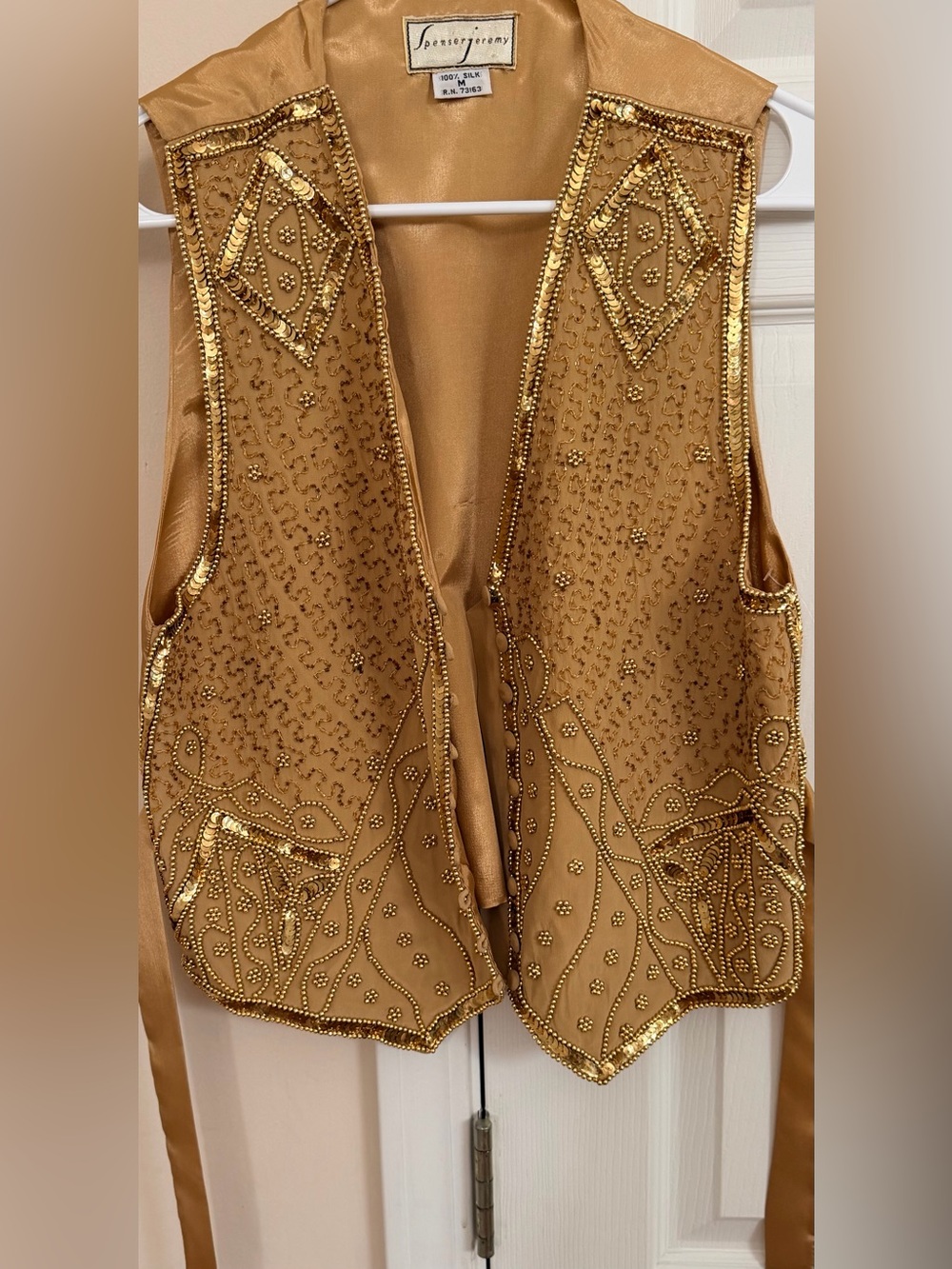 VTG Woman’s 100% Silk SPENSER JEREMY‎ Gold Sequin Vest SIZE M Button Up
